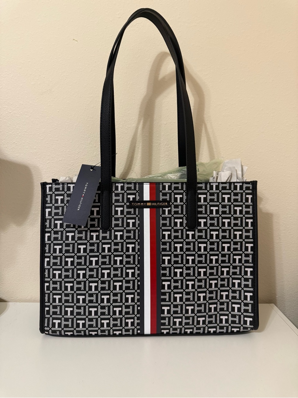 Tommy Hilfiger Black & White Monogram Tote with Red Stripe